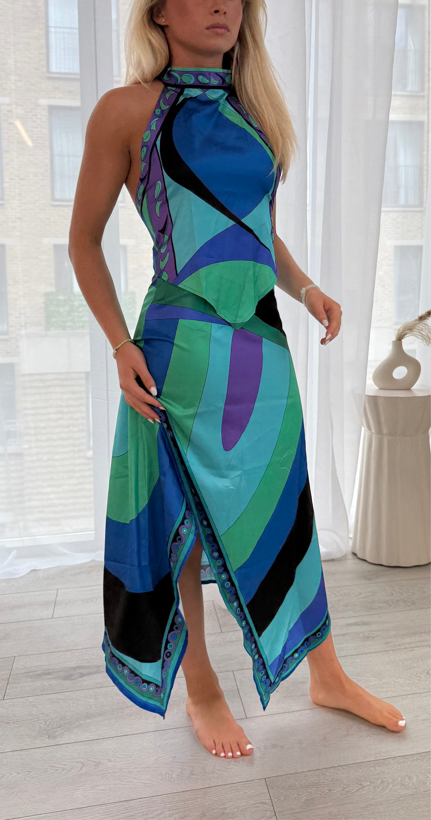 Ocean Green/Blue Print Halter Top and Midi Skirt Co-Ord