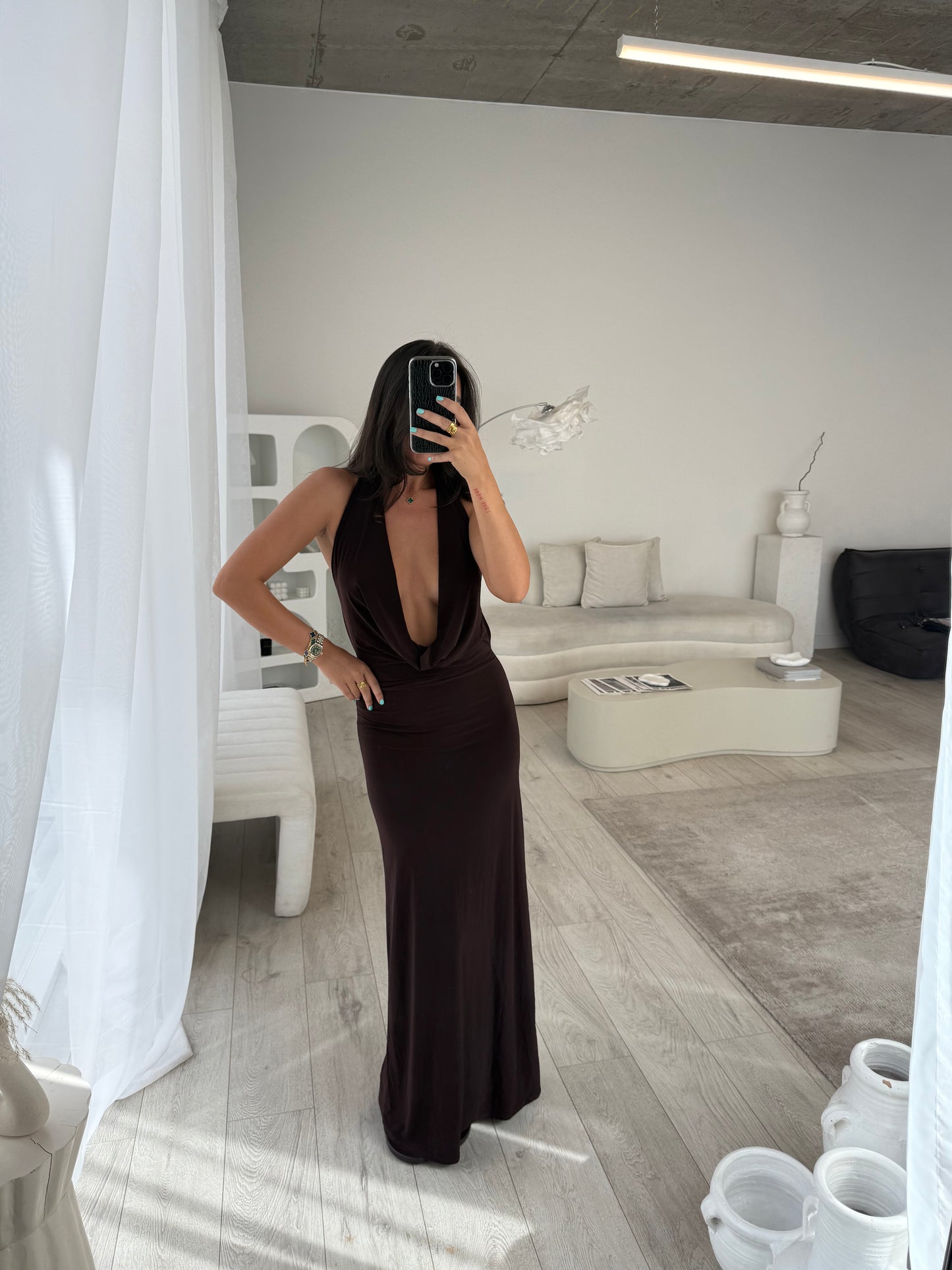Aine Chocolate Cowl Neck Maxi Dress