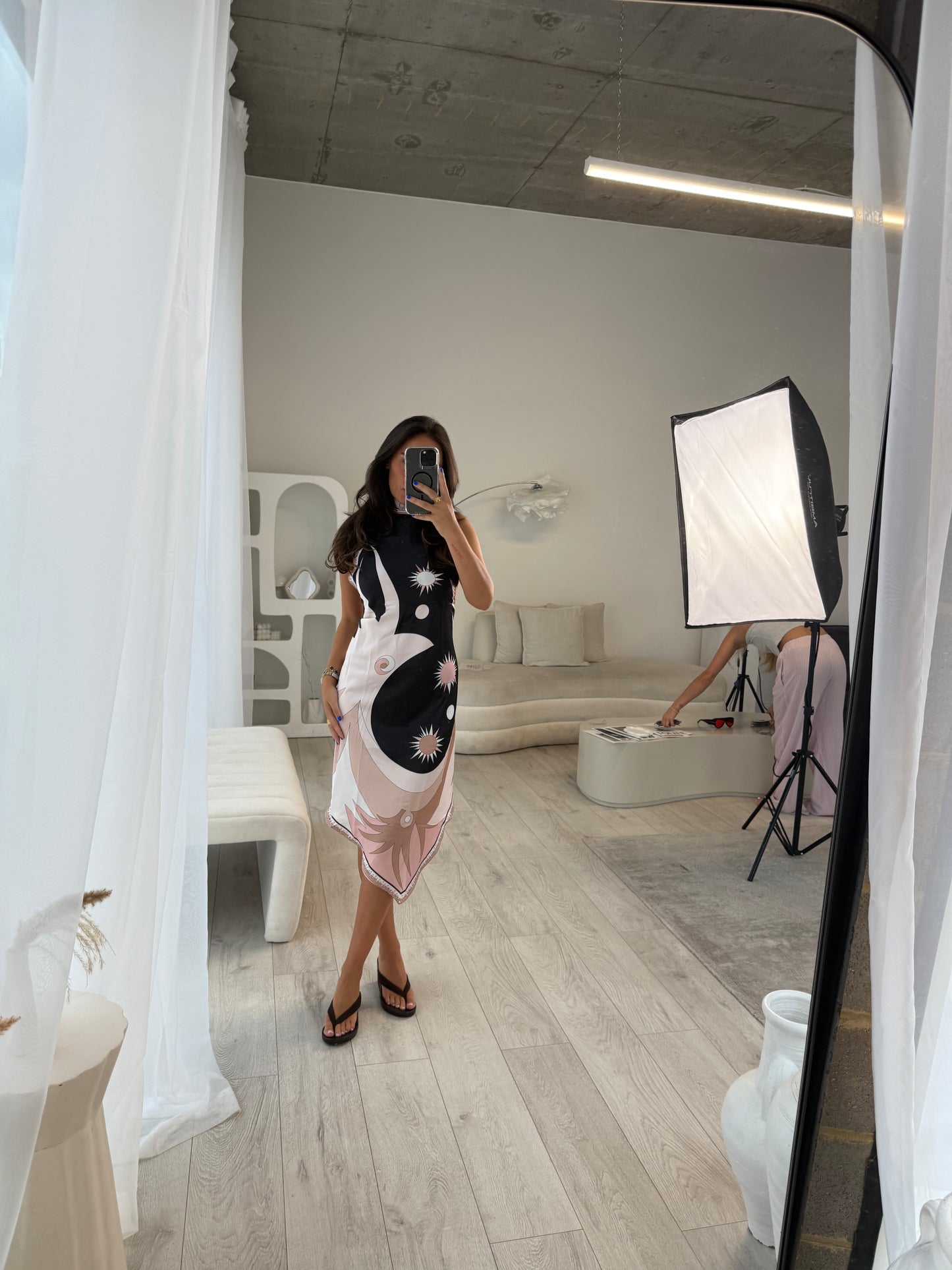 Cleo Black/Pink Print Halterneck Midi Dress