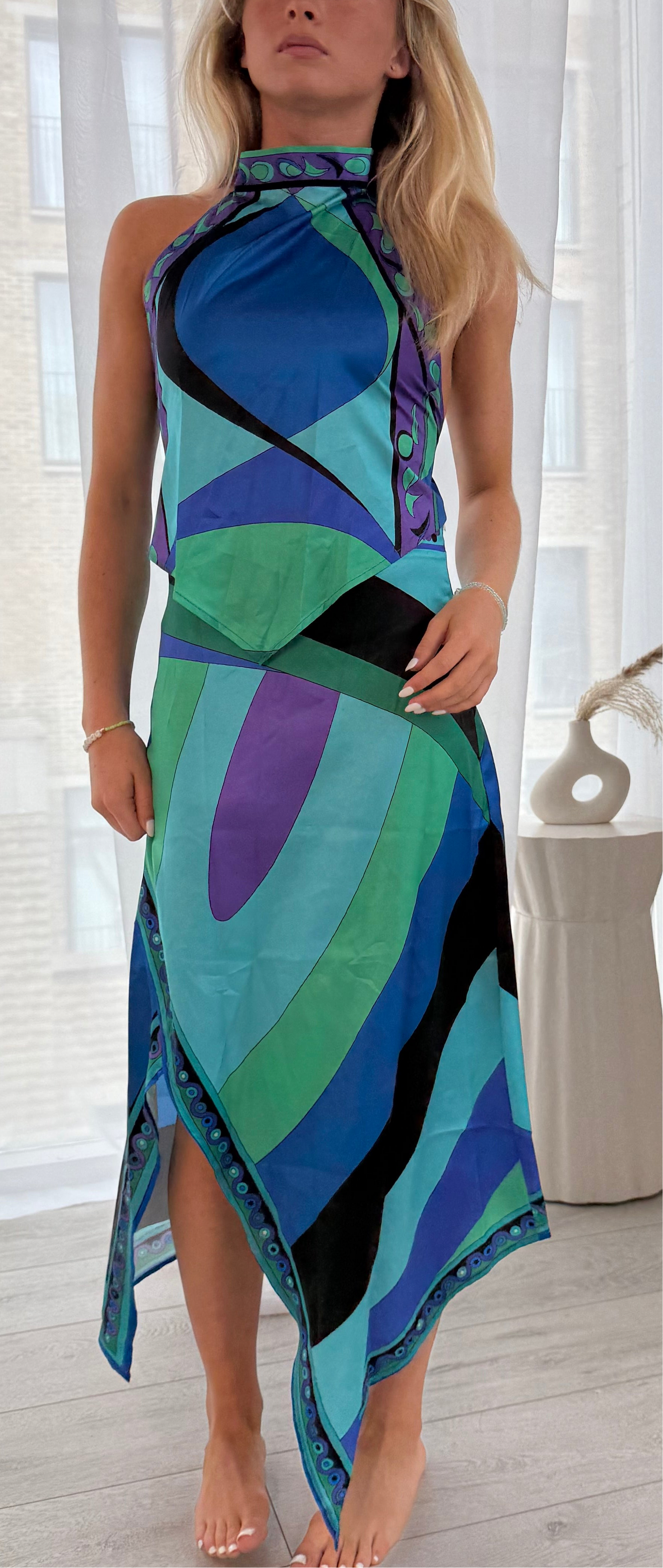 Ocean Green/Blue Print Halter Top and Midi Skirt Co-Ord