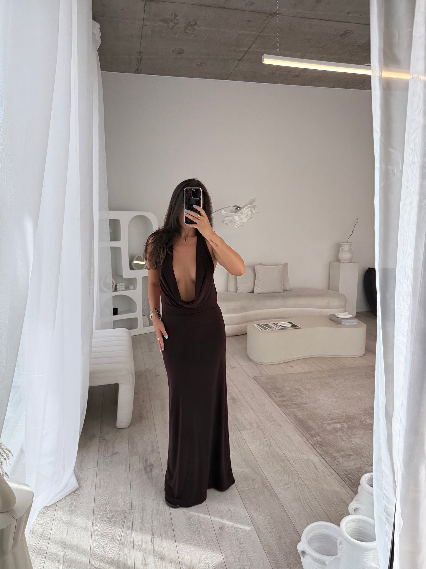 Aine Chocolate Cowl Neck Maxi Dress