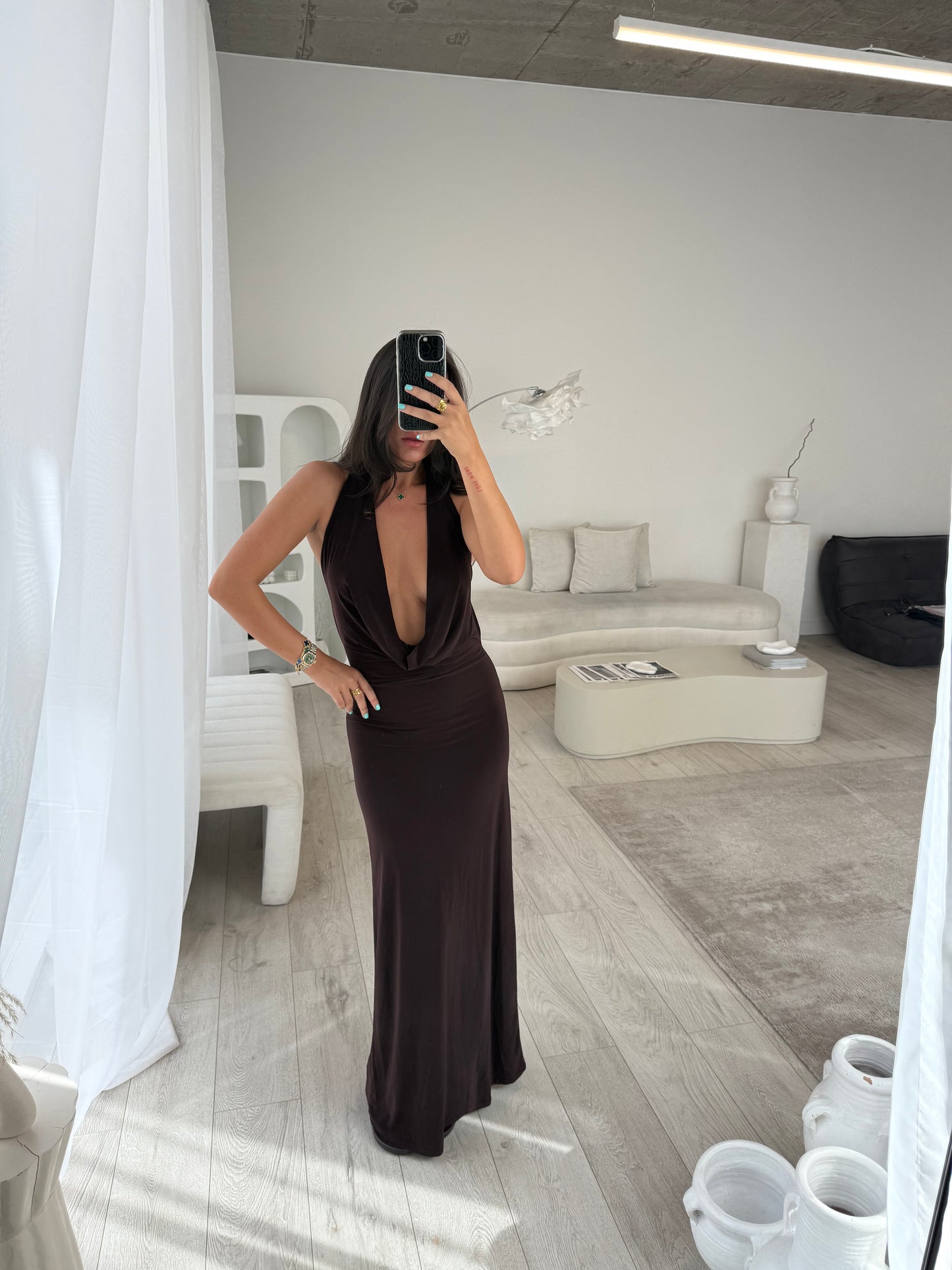 Aine Chocolate Cowl Neck Maxi Dress