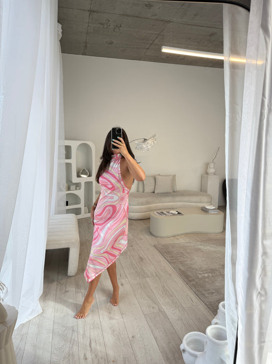 Cleo Pink Print Halterneck Midi Dress