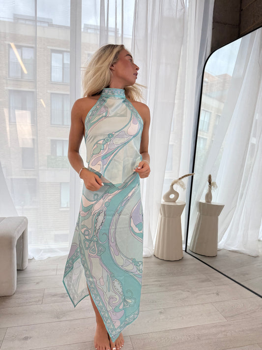 Ocean Blue/Lilac Print Halter Top and Midi Skirt Co-Ord