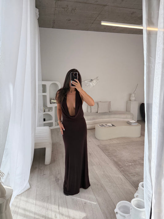 Aine Chocolate Cowl Neck Maxi Dress