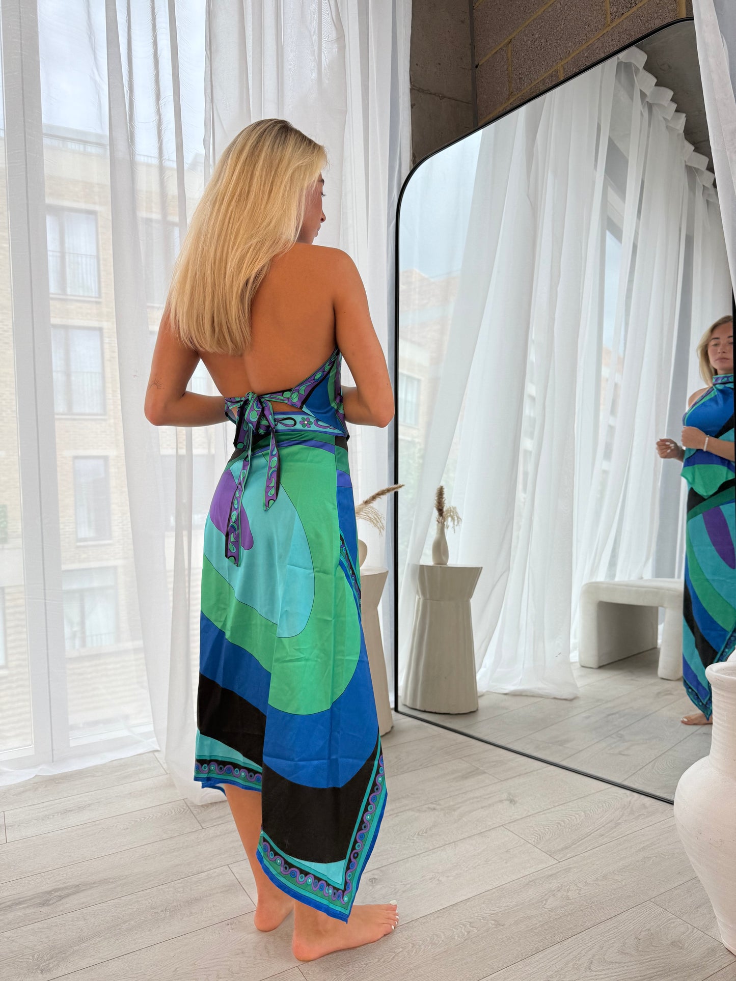 Ocean Green/Blue Print Halter Top and Midi Skirt Co-Ord